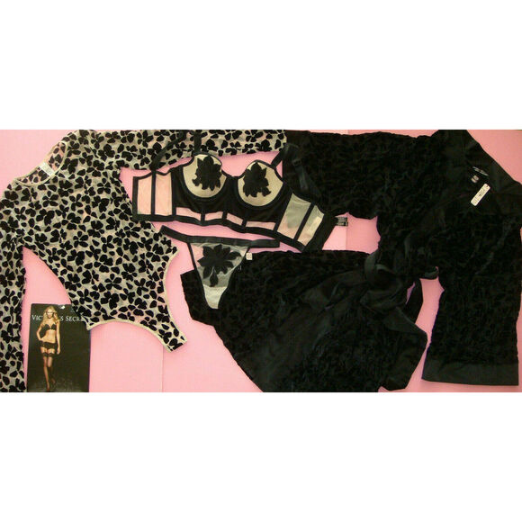 Victoria's Secret longline 32D,34B BRA SET+M ROBE Beige BLACK VELOUR applique